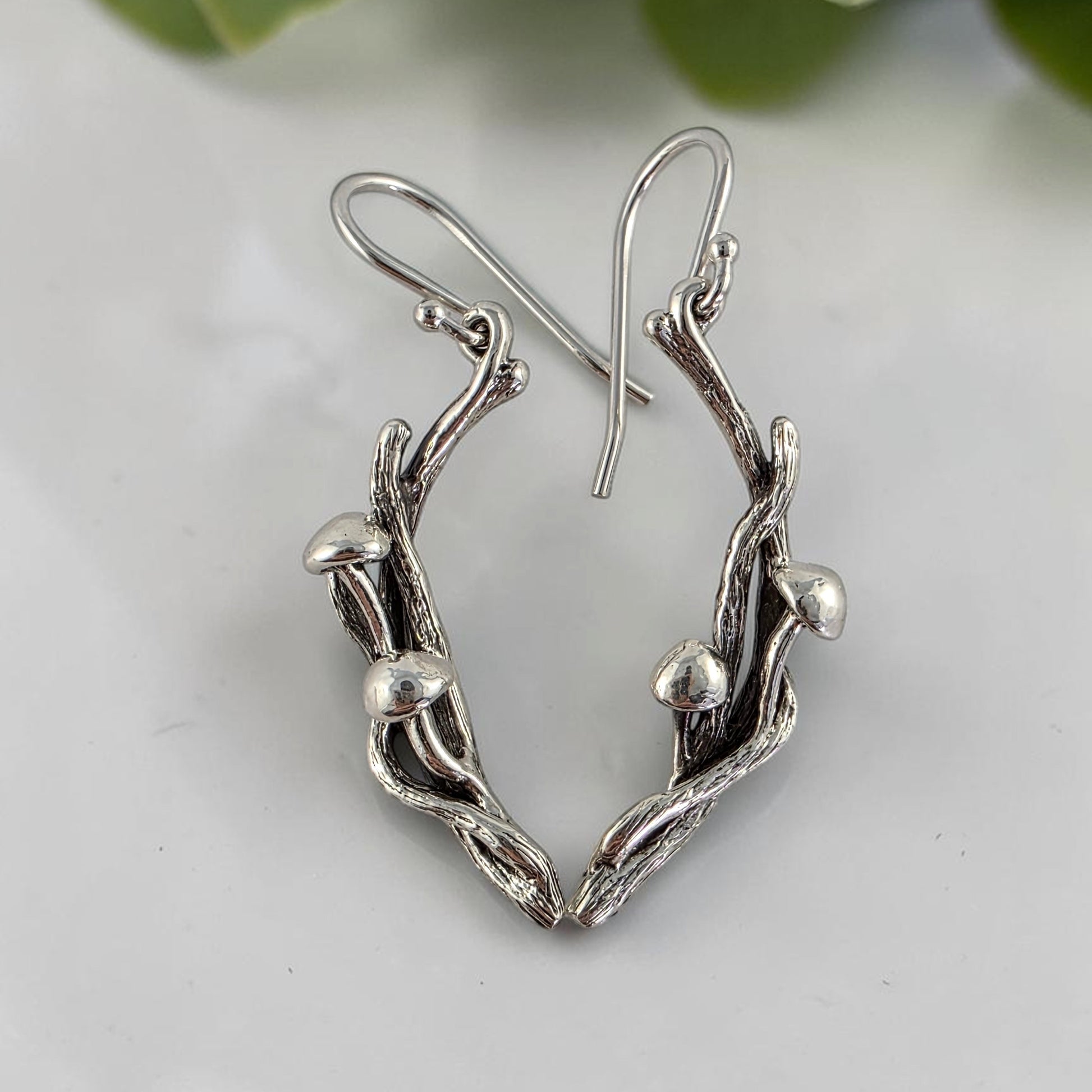 Sterling Silver Mushroom Handmade Twig and Branch Style Earrings - DV Jewelry Designs #