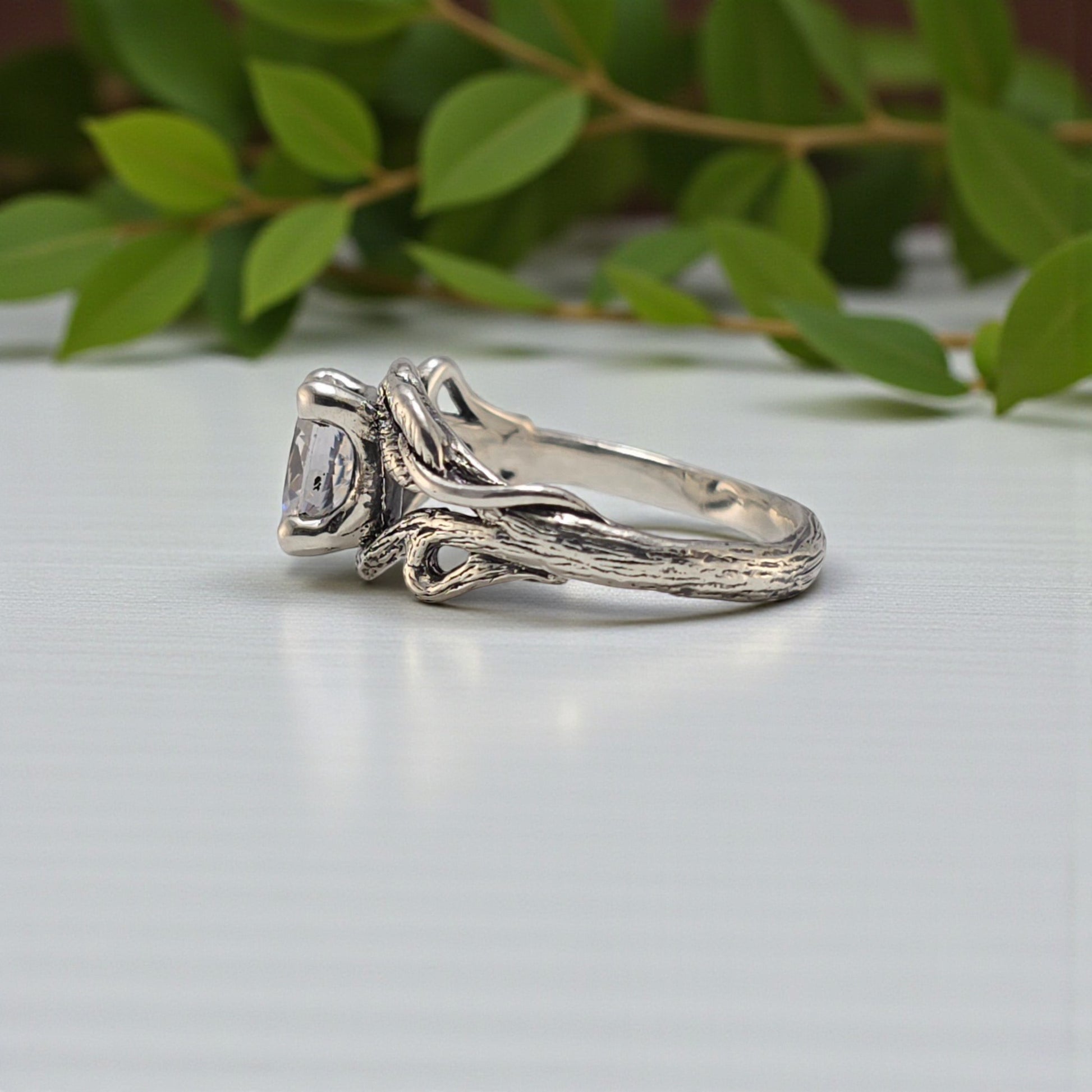 Oval Moissanite Twig Engagement Ring – Sterling Silver - DV Jewelry Designs #