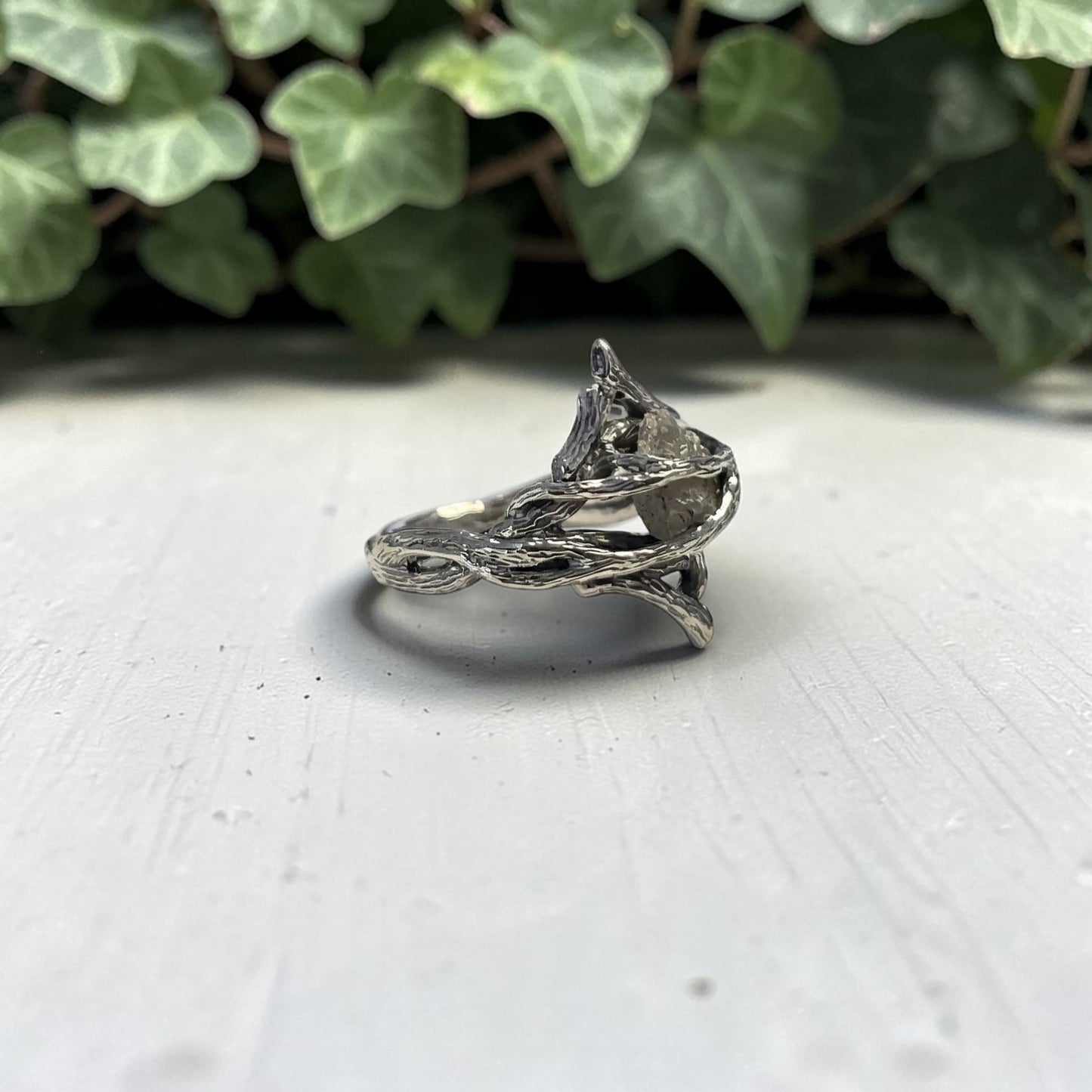 Rough Diamond Twig Ring - One-of-a-Kind Hand-Sculpted Branch Weave Style - DV Jewelry Designs #