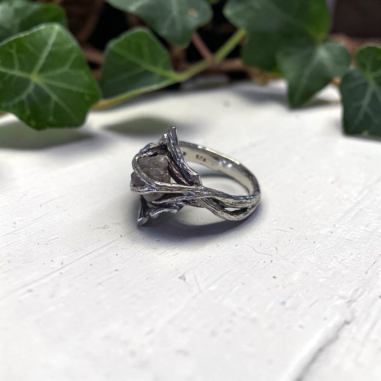 Rough Diamond Twig Ring - One-of-a-Kind Hand-Sculpted Branch Weave Style - DV Jewelry Designs #