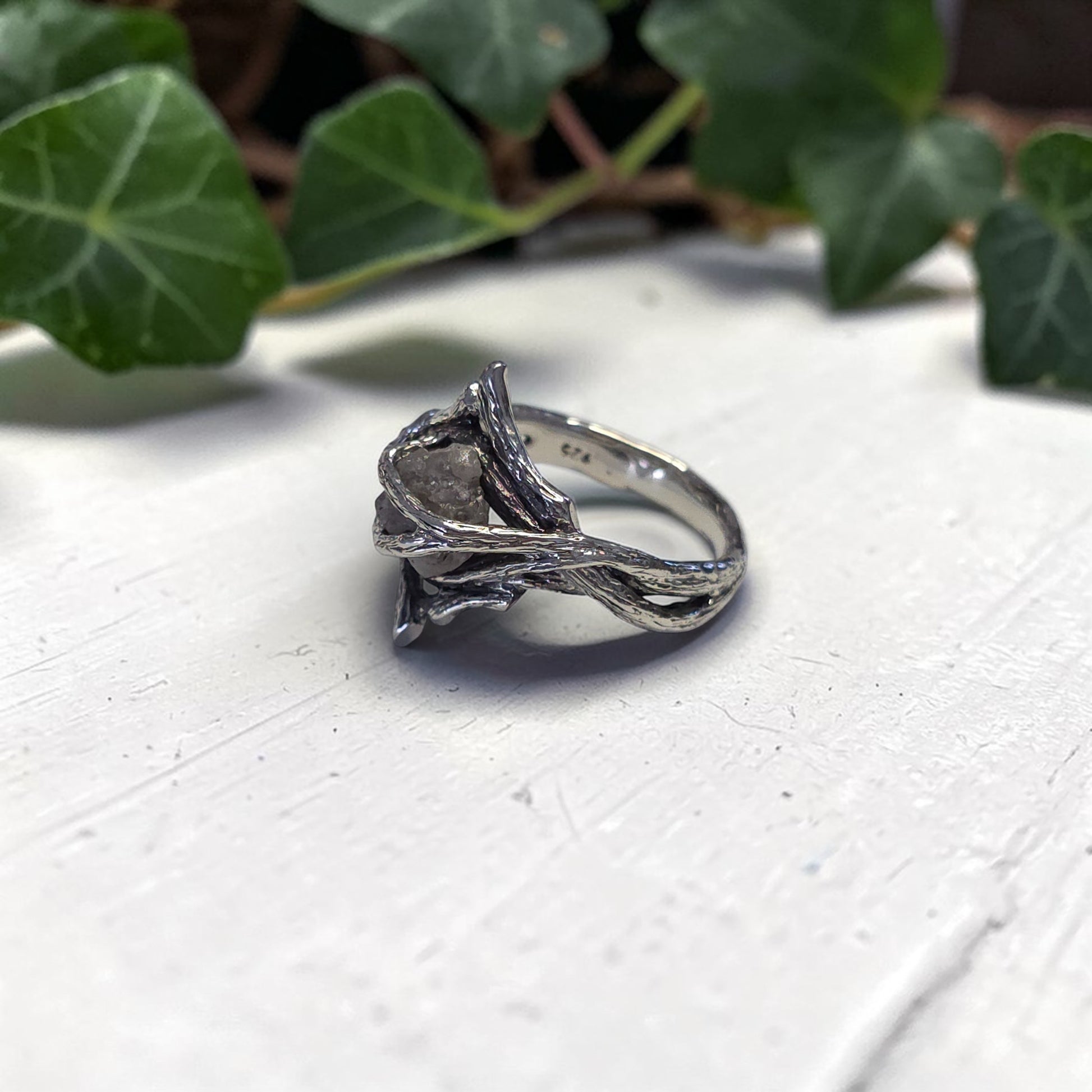 Rough Diamond Twig Ring - One-of-a-Kind Hand-Sculpted Branch Weave Style - DV Jewelry Designs #